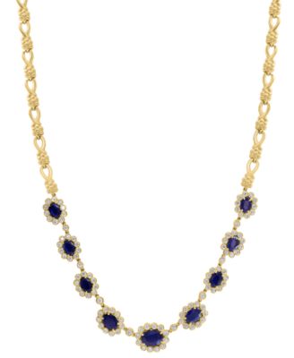 EFFY Collection - Sapphire (6-3/4 ct. t.w.) & Diamond (2-1/10 ct. t.w.) Graduated Halo 18" Collar Necklace in 14k Gold