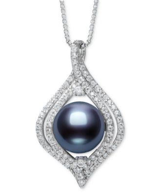 Belle de Mer - Dyed Black Peacock Cultured Freshwater Pearl (9-10mm) & Lab Created White Sapphire (1 ct. t.w.) Pendant 18" Necklace in Sterling Silver