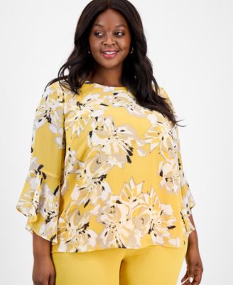 Kasper - Plus Size Printed Ruffle-Sleeve Blouse