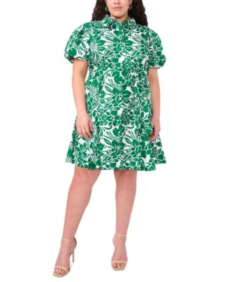 MSK - Plus Size Printed Cotton Puff-Sleeve Belted Shirtdress
