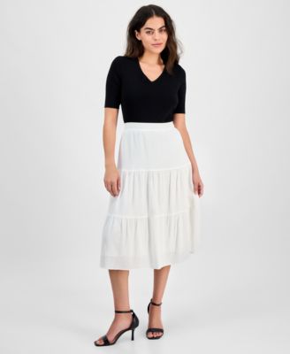 AK Anne Klein - Petite Three-Tiered Pull-On Midi Skirt