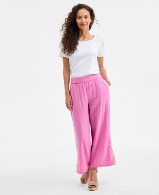 Style & Co - Petite Cotton Embroidered Pull-On Gauze Pants