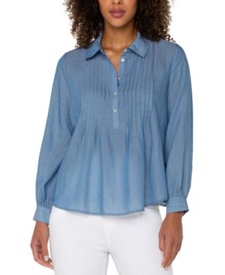 Liverpool Los Angeles - Petite Long-Sleeve Popover Woven Blouse