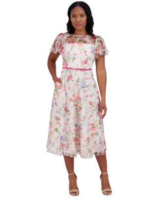 Jessica Howard - Women's Floral Flutter-Sleeve Belted Midi Dress