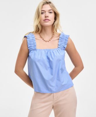 On 34th - Women's Ruched-Strap Striped Shirting Tank