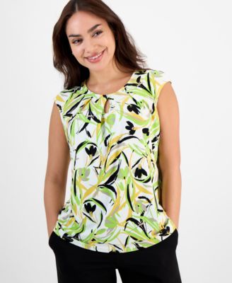 Kasper - Women's Box-Pleat Keyhole Floral Top, Regular & Petite Sizes