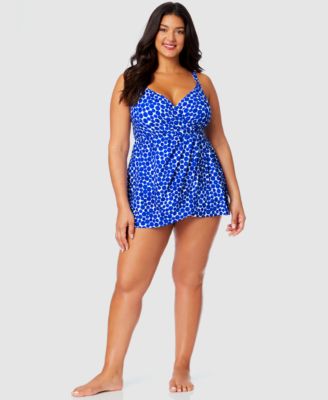 Anne Cole - Plus Size Denim Dot Surplice-Neck Swim Dress
