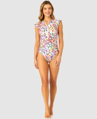 Anne Cole - Women's Abstract Dot Flutter-Sleeve Zip-Front One-Piece Swimsuit