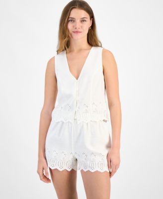 And Now This - Petite Button-Down Scalloped-Hem Linen Vest