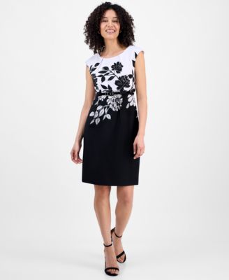 Connected - Petite Floral Jewel-Neck Belted Sheath Dress