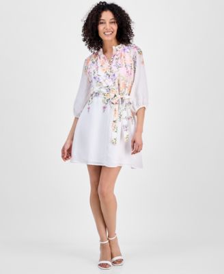 Sandra Darren - Petite Placed-Floral Tie-Waist Shift Dress