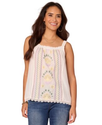 Democracy - Petite Ruched Embroidered Square-Neck Top