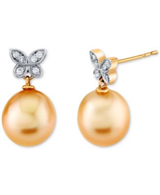 Macy's - Cultured Golden South Sea Pearl (9mm) & Diamond (1/10 ct. t.w.) Drop Earrings in 14k Yellow Gold