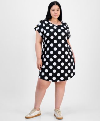 FULL CIRCLE TRENDS - Trendy Plus Size Polka Dot Button-Shoulder Dress