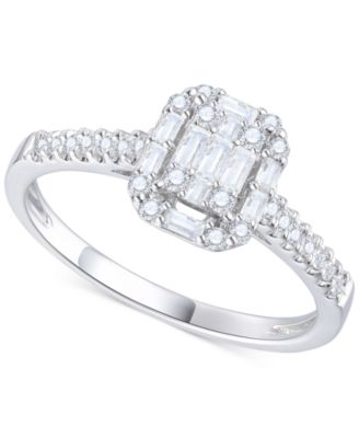Macy's - Diamond Round & Baguette Halo Cluster Engagement Ring (3/8 ct. t.w.) in 14k White Gold