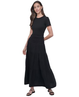 DKNY Jeans - Petite Cotton Smocked-Waist Tiered Maxi Skirt