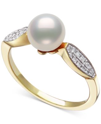 Belle de Mer - Cultured Freshwater Pearl (7mm) & Diamond (1/6 ct. t.w.) Leaf Accent Ring in 10k Gold