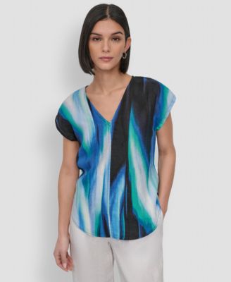 DKNY - Women's Linen Printed V-Neck Top
