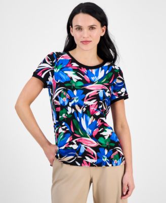 AK Anne Klein - Petite Printed Button-Back Short-Sleeve Top