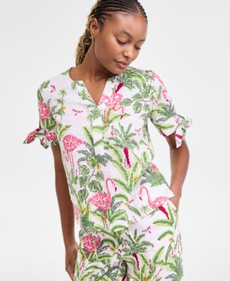 Charter Club - Women's 100% Linen Tied-Sleeve Palm Shirt