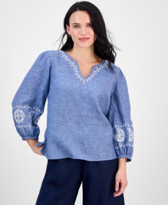 Charter Club - Petite Delave Embroidered Linen Blouse, Exclusively at Macy's