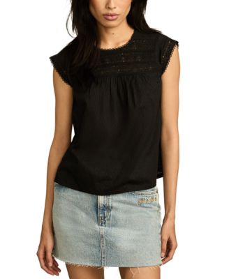 Lucky Brand - Women's Lace-Neck Pintuck Cotton Top
