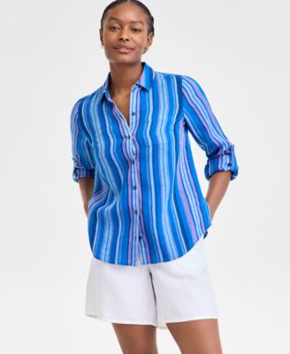 Charter Club - Women's Magnolia Button-Down Roll-Tab-Sleeve Woven Linen Top