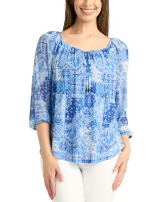 BCX - Juniors' Printed-Mesh Peasant 3/4-Sleeve Top