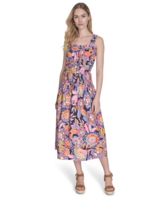 Eliza J - Women's Petite Cotton Smocked-Waist Floral-Print Dress