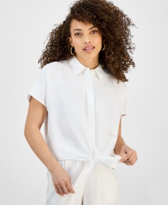 I.N.C. International Concepts - Petite Tie-Hem Short-Sleeve Blouse