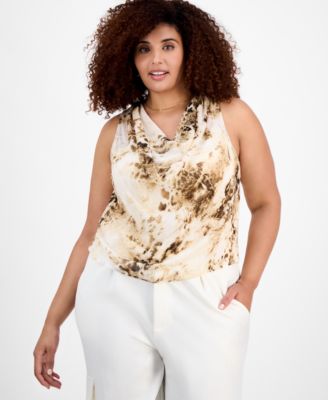 Bar III - Plus Size Printed Chiffon Cowlneck Sleeveless Top