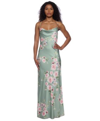 Alex & Sophia - Juniors' Floral Satin Cowlneck Gown