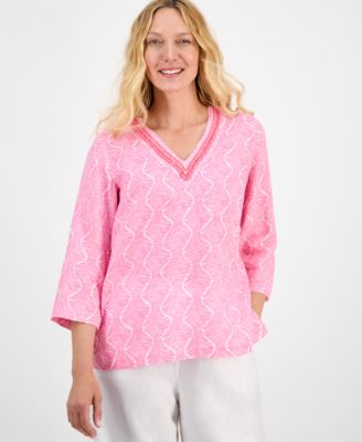 Charter Club - Women's Printed 100% Linen Embellished Top, Exclusively at Macy's