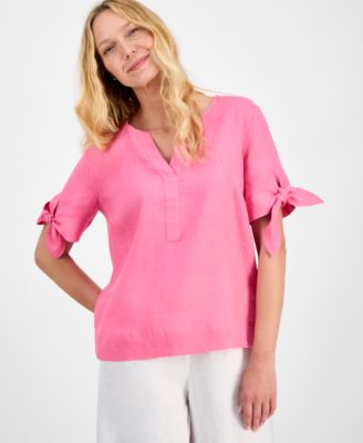 Macy's - Plus Size Linen Solid Split-Neck Tie-Cuff Top