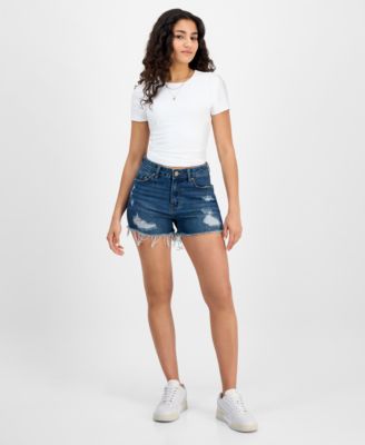 Indigo Rein - Juniors' Frayed-Hem Destructed Shorts