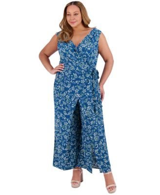 London Times - Plus Size Printed Walk-Through Jumpsuit