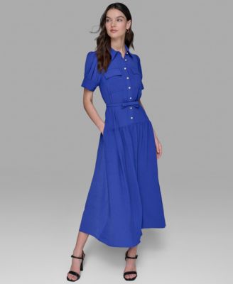 KARL LAGERFELD PARIS - Women's Belted Puff-Sleeve Midi Shirtdress