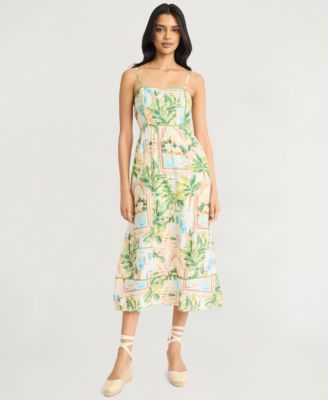 The Good Journey - Women's Piping-Trim Postcard-Print Midi Dress