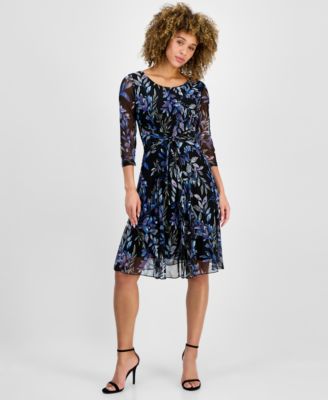 Connected - Petite Printed Chiffon Tie-Front Midi Dress
