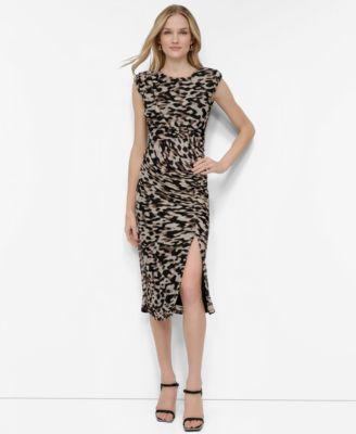 DKNY - Petite Printed Mesh Ruched Bodycon Midi Dress