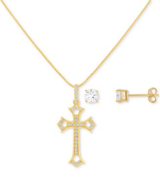 Giani Bernini - 2-Pc. Set Cubic Zirconia Cross Pendant Necklace & Solitaire Stud Earrings in 18k Gold-Plated Sterling Silver