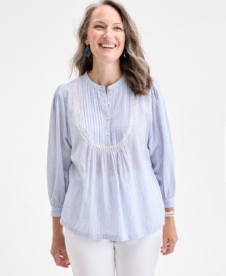 Style & Co - Women's Cotton Stripe Lace-Bib 3/4-Sleeve Top
