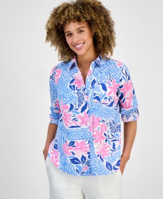 Charter Club - Women's Printed 100% Linen Roll-Tab Shirt