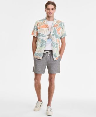 Sun + Stone - Men's Cutler Leaf Print Camp Shirt, Lava Flow Graphic T-Shirt & Chase 6" Linen Blend Shorts