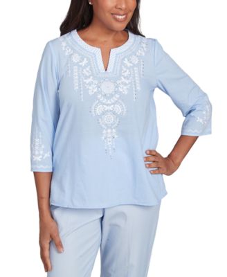 Alfred Dunner - Petite Embroidered Split-Neck 3/4-Sleeve Top
