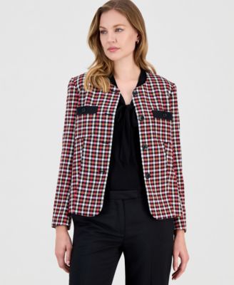 Kasper - Petite Twill Houndstooth Four-Button Jacket