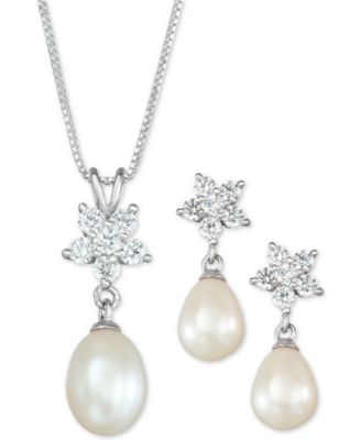 Macy's - Cultured Freshwater Pearl (7 x 9mm) and Cubic Zirconia Pendant Necklace and Drop Earrings Set in Sterling Silver