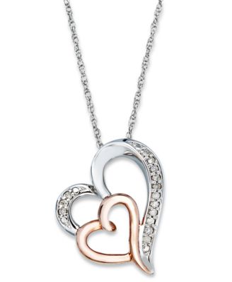 Macy's - Diamond Double Heart Pendant Necklace in Sterling Silver and 14k Rose Gold  (1/10 ct. t.w.)