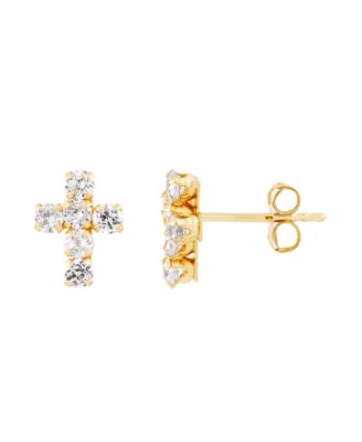 Macy's - Cubic Zirconia Cross Button Earrings in 14k Yellow Gold