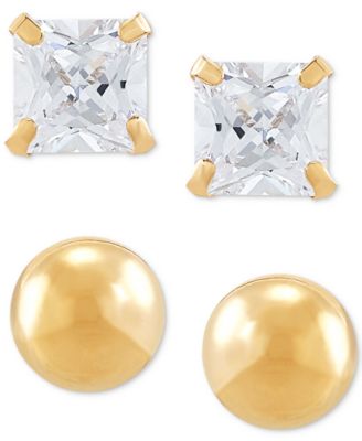 Macy's - 2-Pc. Set Cubic Zirconia Princess and Polished Round Stud Earrings in 10k Gold